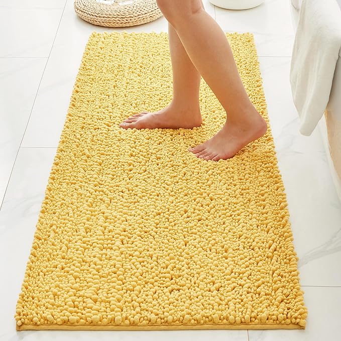 Bathroom Rugs Non Slip Washable 70x24, Extra Thick Soft Chenille Absorbent Bath Mat, High Density Barrier Non Slip Backing, Quick Dry Plush Shaggy Floor Carpet for Tub&Shower, Yellow