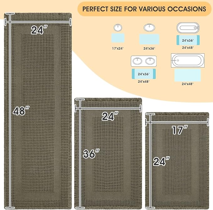 Upgrade Waffle Bath Mat Set 3 Piece, Greyish Green, Boho Bathroom Rugs Absorbent Non Slip, Ultra Soft Bathroom Mat, Machine Washable Knit Bath Rugs with Tassels for Bathroom, Kitchen, Shower, Tub