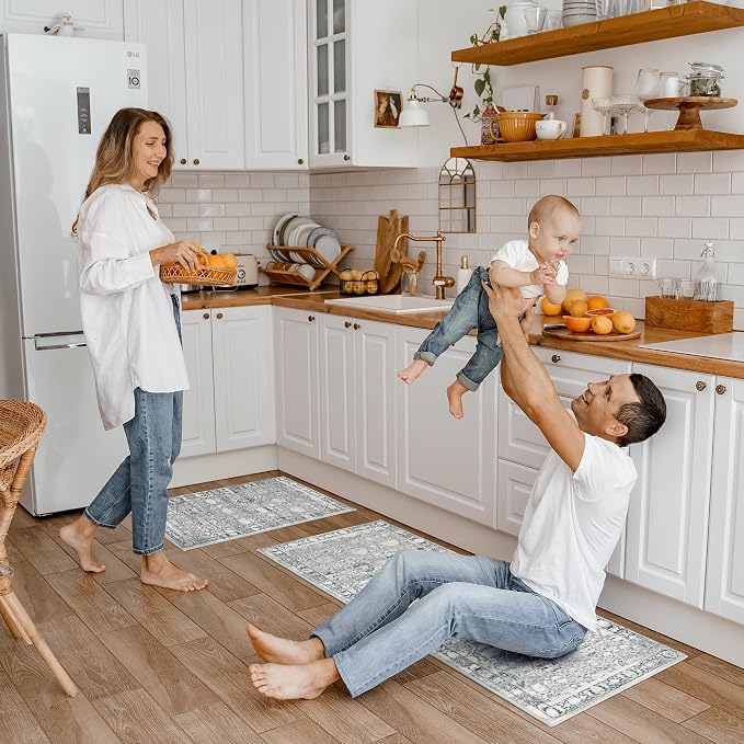 GRANNY SAYS Boho Kitchen Rug Sets of 2, Non Slip Washable Faux Wool Kitchen Mats for Floor, Thick Soft Anti-Fatigue Comfort Standing Mat Runner Rugs for Hallway Laundry Room, Grey