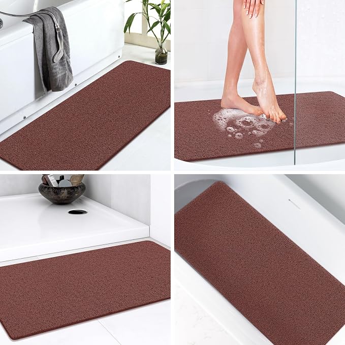 LuxStep Shower Mat Bathtub Mat,36x16 inch, Non-Slip Bath Mat with Drain, Quick Drying PVC Loofah Bathmat for Tub,Shower,Bathroom,Reddish Brown