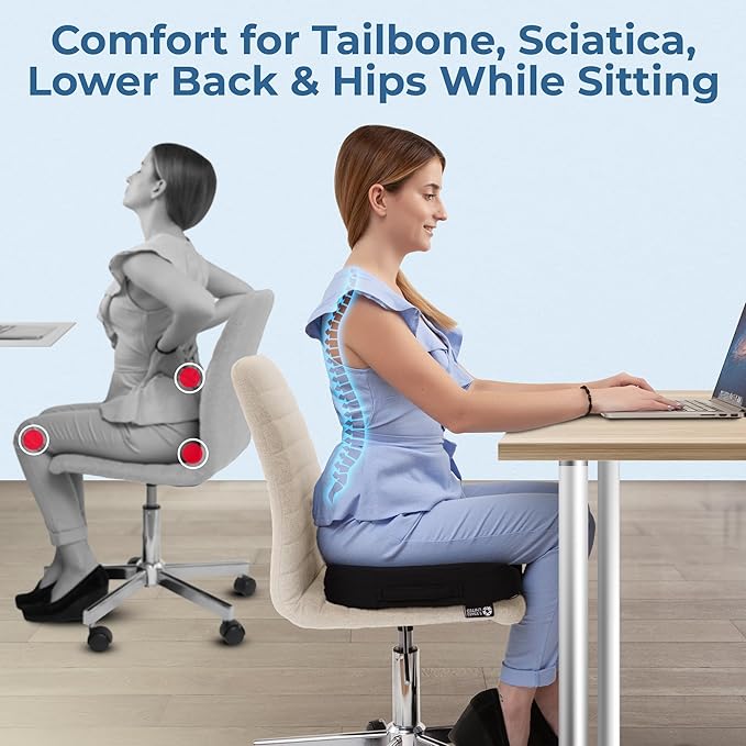5 STARS UNITED Seat Cushion - Memory Foam & Cooling Gel - Chair Cushion for Tailbone Pain Relief - Ergonomic Support for Coccyx, Sciatica & Butt - Office, Desk & Gaming Chair, Car, Wheelchair, Black