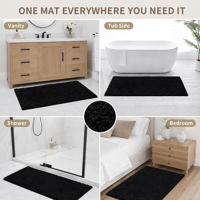 Bathroom Rugs Non Slip Washable 32x20, Extra Thick Soft Chenille Absorbent Bath Mat, High Density Barrier Non Slip Backing, Quick Dry Plush Shaggy Floor Carpet for Tub&Shower, Black