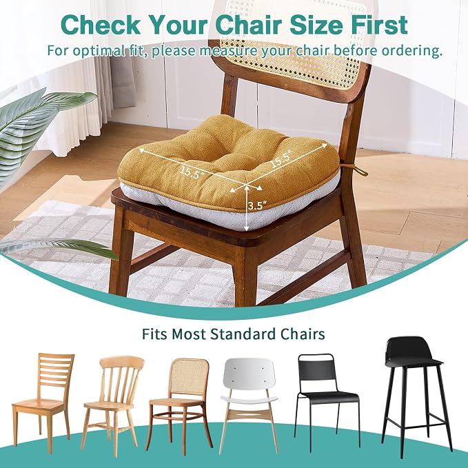BETU Chair Cushions for Dining Chairs Set of 6,3.5" Thick Kitchen Table Chair Pads with Ties,Non Slip Backing and Covers, Seat Cushion for Dining Room,Bar,Patio Chairs,15.5"X15.5"X3.5",Yellow