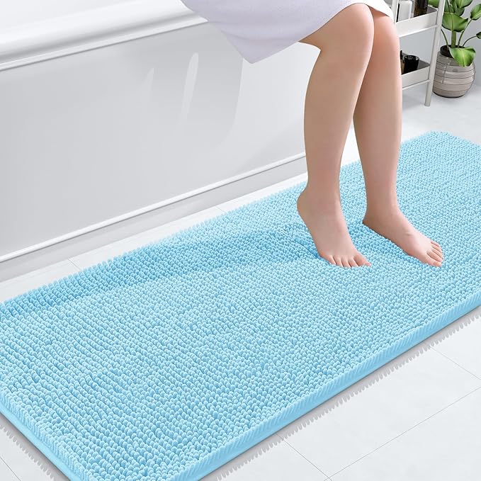 OLANLY Bathroom Runner Rugs 59x24, Soft Absorbent Chenille Bath Rugs, Rubber Backing Quick Dry, Machine Washable Long Bath Mats for Bathroom Floor, Tub and Shower, Home Decor Accessories, Sky Blue