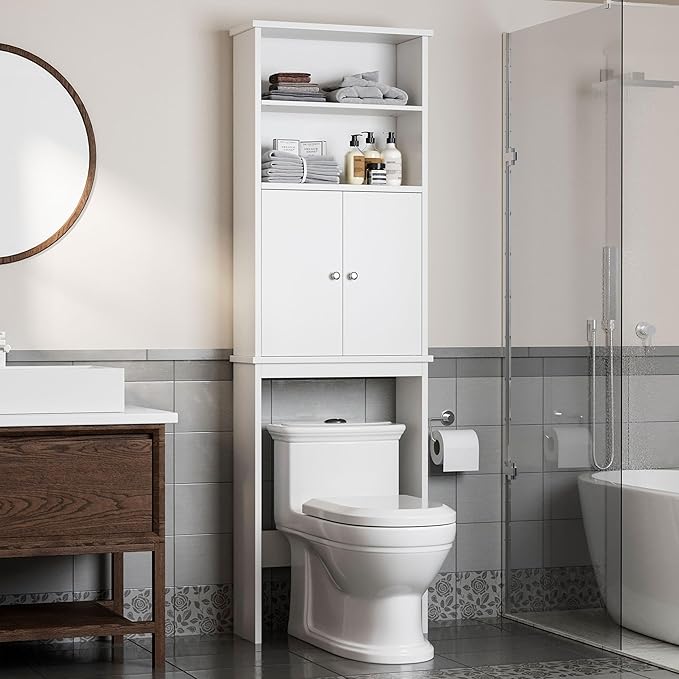 Shintenchi Over the Toilet Storage Cabinet, Bathroom Above the Toilet Rack, Bathroom Adjustable Shelf Organizer with Open Bottom Bar and Anti-Tip Device, White