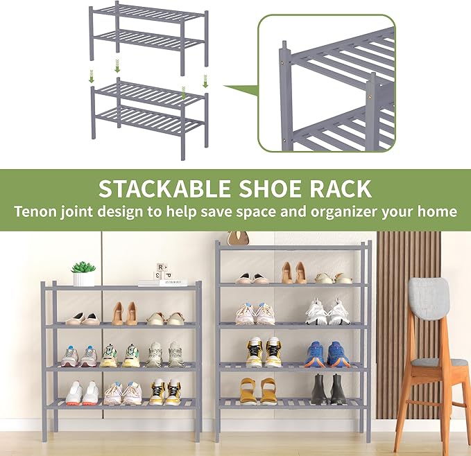 ROMGUAR CRAFT 4 Tier Bamboo Shoe Rack for Closet Free Standing Wood Shoe Shelf for Entryway Small Space Stackable 27"x11"x26" (Grey)