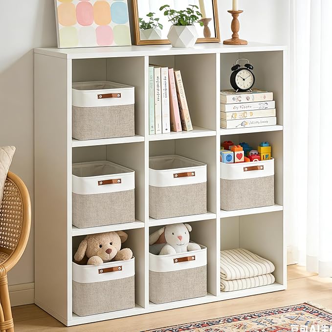 Bagnizer Collapsible Fabric Storage Cubes 11x11 Cube Storage Bins, 4 Pack Closet Baskets Box with Handles for Organizing, Shelf, Toys, Clothes, Home, Office, Nursery (Beige&White)
