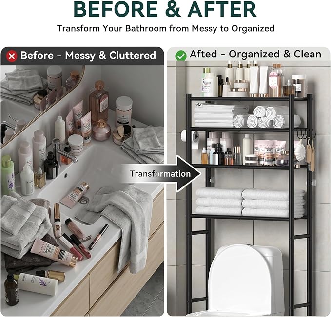 GloTika 4-Tier Over The Toilet Storage, 200lb Total Capacity Metal Bathroom Organizer with 36" Clearance, Includes Paper Holder & 4 Hooks, Space Saving Rack for Bathroom Laundry Room (64" H, Black)