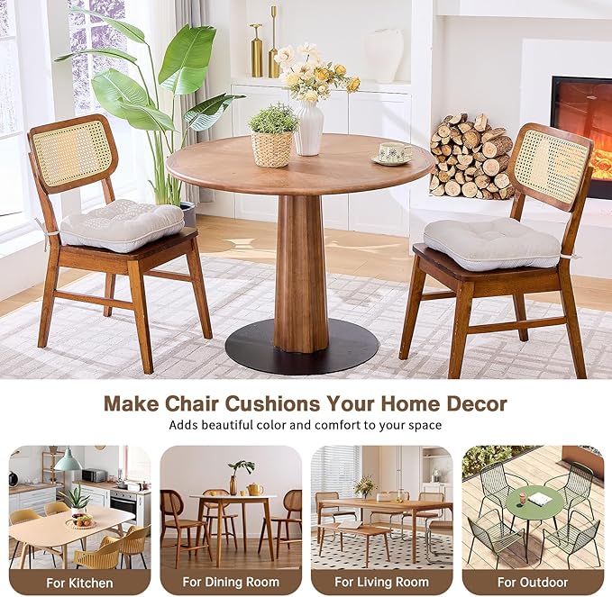 BETU Chair Cushions for Dining Chairs Set of 2,3.5" Thick Kitchen Table Chair Pads with Ties,Non Slip Backing and Covers, Seat Cushion for Dining Room,Bar,Patio Chairs,15.5"X15.5"X3.5",Beige