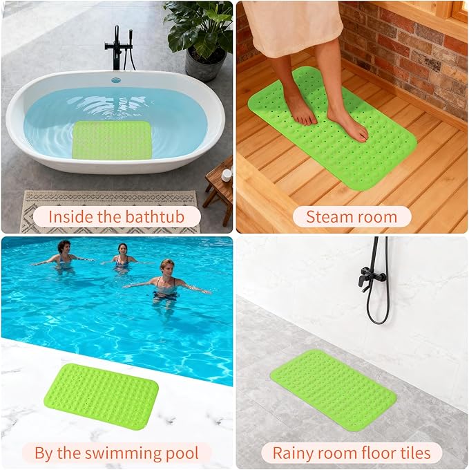 Anti-Slip Bathtub Shower mat, 28×15（ 70×37cm） inch Soft Oversized Machine Washable Non-Slip Bathtub mat with Drainage Holes, Bathroom Floor Suction Cup.（1-Opaque Pea Green）