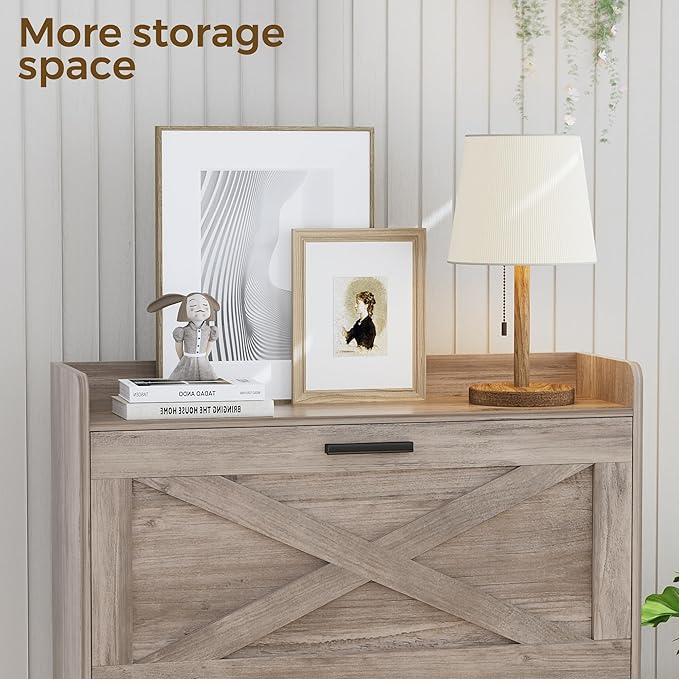 Homleke 32" W Farmhouse Shoe Storage Cabinet with 2 Flip Drawers and Barn Door Design, Adjustable Shelves, Modern Hidden Slim Narrow Shoe Rack Cabinet for Entryway, Foyer, Hallway, Living Room, Greige