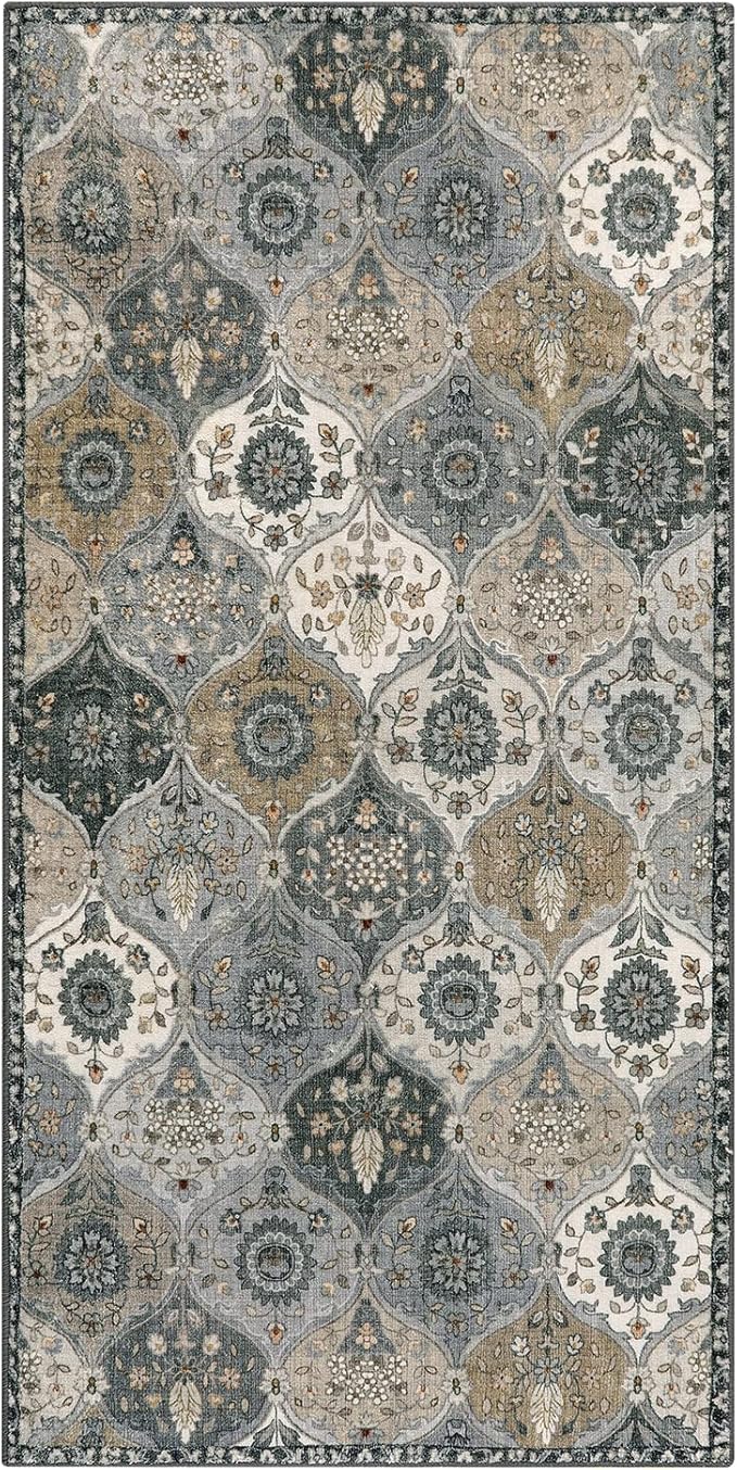 Lahome Moroccan Trellis Small Area Rug, 2x4 Rugs for Entryway Non-Slip Vintage Ultra-Thin Washable Indoor Door Mat Distressed Throw Carpet for Bathroom Kitchen Bedroom Elise, Grey