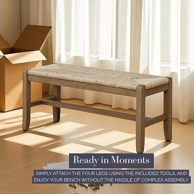 Alaterre Furniture Newport 40 Inch Solid Wood Entryway Bench - Modern Farmhouse Indoor Decorative Bench with Natural Seagrass Rush Seat - Furniture for Entryway, Dining Room, or Kitchen (Natural)