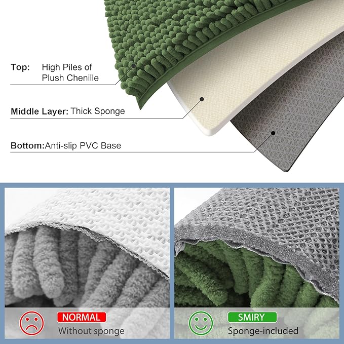 Smiry Luxury Chenille Toilet Rugs U-Shaped 24x20, Soft Absorbent Non-Slip Contour Bathroom Rugs for Toilet, Machine Washable Contoured Bath Mats, Olive Green