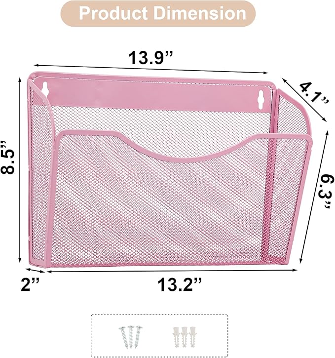 EASEPRES 3 Single Pocket Mesh Hanging File Organizer, Vertical Wall Mounted Magazine File Holder, Mount Basket Mail Paper Document Folder Organizing for Office, Home and School, Pink