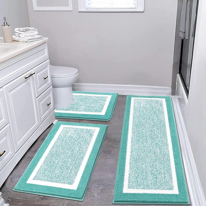 Pauwer 3-Piece Bathroom Shower Rug Set with U-Shaped Toilet Mat, Absorbent Microfiber Plush Bath Rugs with Non-Slip Back, Machine Washable Shaggy Bathroom Floor Mats, Teal