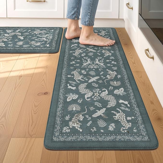 LEEVAN Anti Fatigue Mats for Kitchen Floor Non-Slip, Cushioned Kitchen Mats for Floor 2 Piece, Blue Memory Foam Kitchen Mat Set, Waterproof Ergonomic Standing Mat for Bar, Office,Desk, Laundry