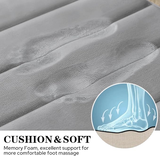BYSURE Grey Memory Foam Bathroom Rug Set 3 Piece, Non Slip Extra Soft Absorbent Bath Mats, Machine Washable & Dry Toilet Mat Sets for Bathroom Floor