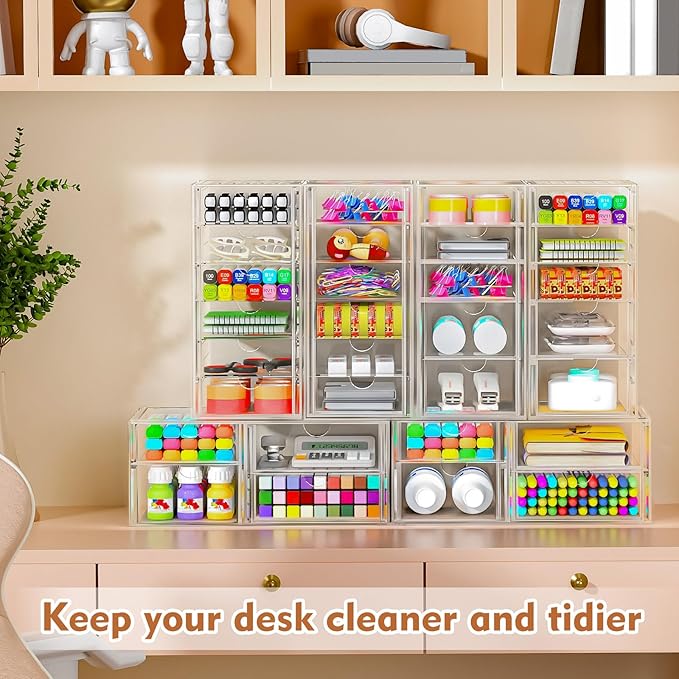 ARSTPEOE 30 Drawers, Acrylic Desk Makeup Organizer, Plastic Drawers Organizer, Stackable Storage Solution for Makeup, Dresser, Office, Bathroom Clear Plastic Craft and Bead Storage Cabinet