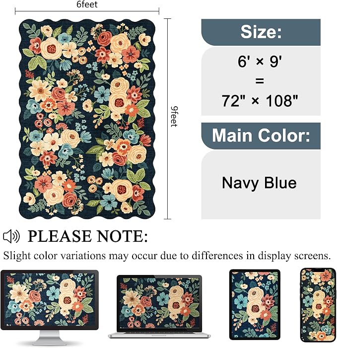 DUKINO 6x9 Area Rug, Floral Washable Rugs for Living Room with Non Slip Backing & Non-Shedding, Lightwight Low Pile Boho Design Large Carpets for Bedroom, Living Room, Dining Room, Navy Blue