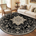 RELEANY Area Rugs Round 6ft Washable Non-Slip, Floral Vintage Distress Medallion Carpet for Living Room Bedroom Dining Room, Black Brown Neutral Dark Tan