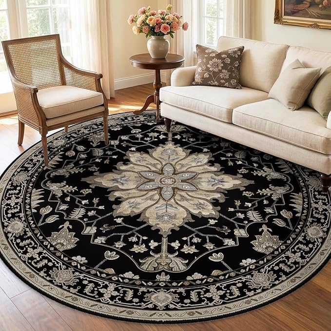 RELEANY Area Rugs Round 6ft Washable Non-Slip, Floral Vintage Distress Medallion Carpet for Living Room Bedroom Dining Room, Black Brown Neutral Dark Tan