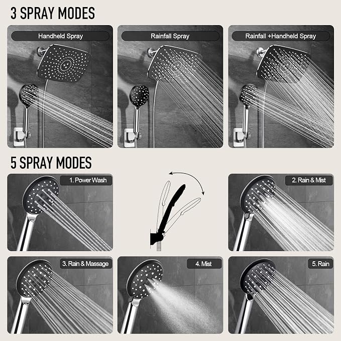 Veken 11.8'' Rain Shower Head with Handheld, High Pressure Rainfall Showerhead Combo with 5 Hand held Water Spray Modes for Bathroom Accessories, Detachable Dual Shower Heads, Chrome Silver