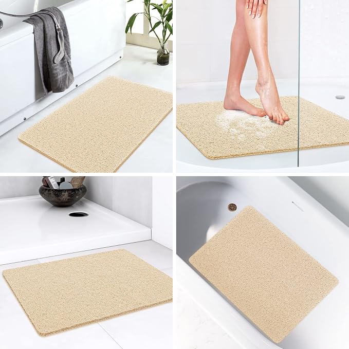 LuxStep Shower Mat Bathtub Mat,24x16 inch, Non-Slip Bath Mat with Drain, Quick Drying PVC Loofah Bathmat for Tub,Shower,Bathroom (Phthalate Free,Khaki)