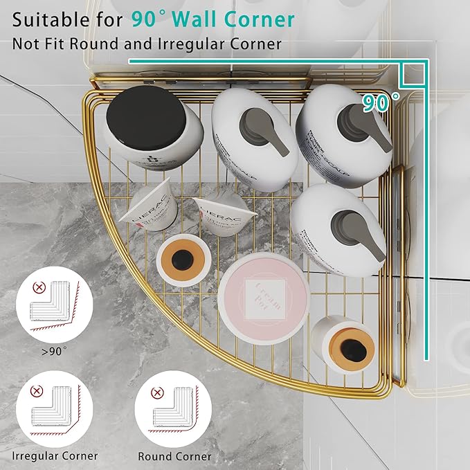 Corner Shower Shelves with 4 Hooks, 2-Tier Stainless Steel Bathroom Shower Organizers, Wall Mounted Caddy Shelves No Drilling with Adhesive, Triangle Storage Shelf for Toilet, Dorm and Kitchen, Gold