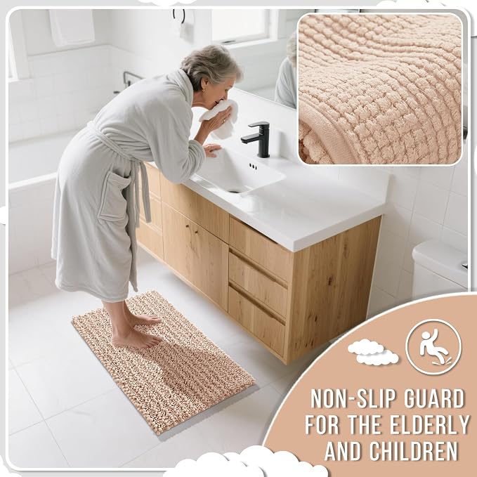 Yimobra Bathroom Runner Rug 70x24 Inch - Extra Long Non Slip Chenille Bath Mat, Soft & Absorbent, Machine Washable Shaggy Hallway Carpet for Vanity Tub Shower, Light Brown Home Decor Accessories
