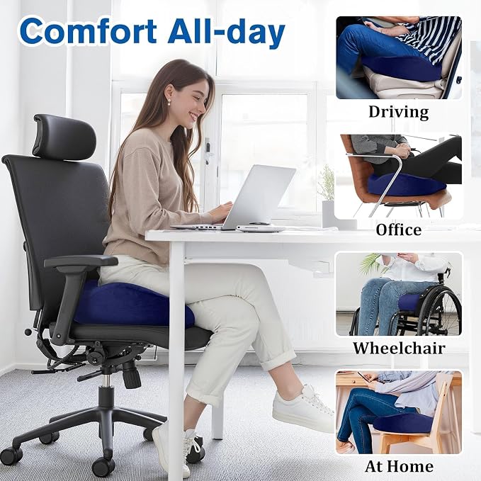 CushyOasis Seat Cushion, Gel Chair Cushions, Office Chair Cushions, Anti-Slip Bottom & Removable Cover Tailbone Pain Relief Cushion, Memory Foam Seat Cushion for Office, Wheelchair, Car (Blue)
