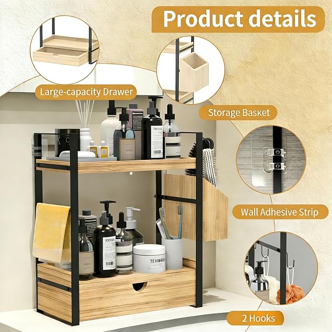 2-Tired Bathroom Counter Organizers and Storage, Bathroom Countertop Organizer with Drawer, Solid Wood Skincare Perfume Organizer for Vanity Kitchen Corner Shelf Office Countertop (Light Brown)