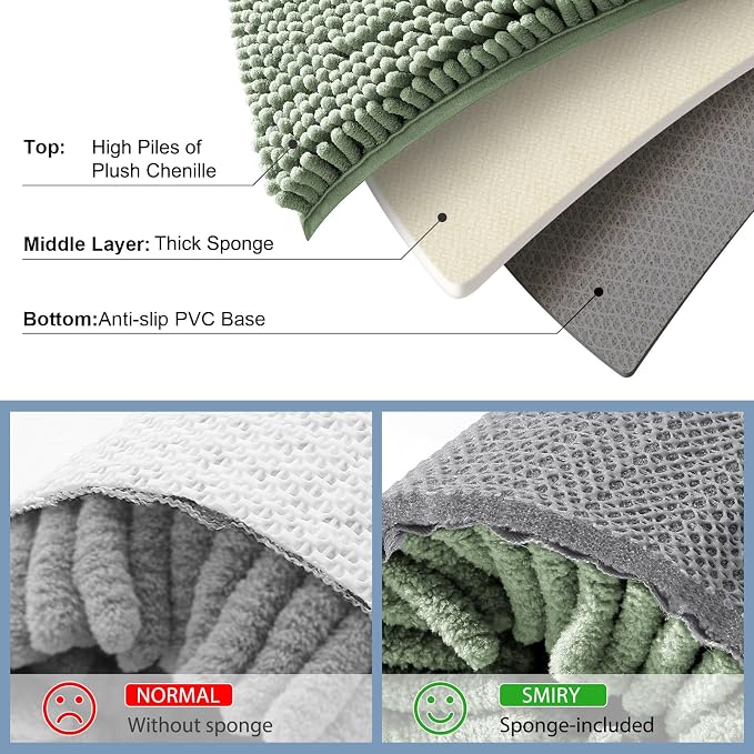 Smiry Luxury Chenille Bathroom Rugs 59x35, Extra Soft and Absorbent Shaggy Bath Mat, Machine Washable, Non-Slip Plush Carpet Runner for Tub, Shower, and Floor, Home Decor Accessories, Sage Green