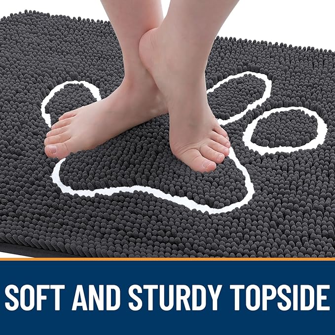 OLANLY Dog Door Mat for Muddy Paws 34x21, Paw Print Design, Absorbs Moisture and Dirt, Absorbent Non-Slip Washable Doormat, Quick Dry Chenille Mud Mat for Dogs, Entry Indoor Entryway Carpet, Dark Grey