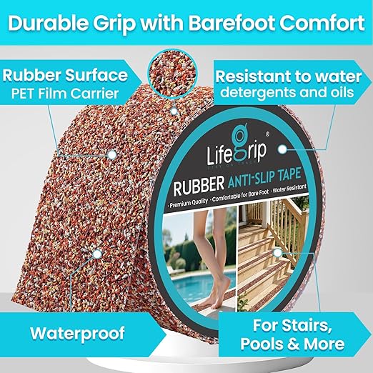 LifeGrip Rubber Anti Slip Tape, Waterproof Grip Tape for Pool, 4 Inch x 38 Foot Non Slip Safety Tape for Stairs, Outdoor, Shower, Wooden Stairs, Textured Comfortable for Bare Foot, Brown