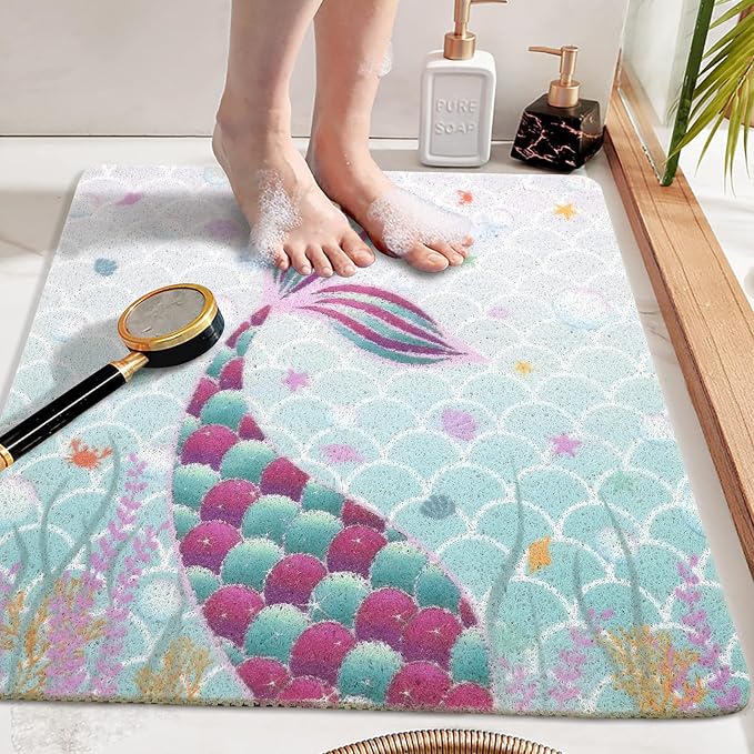Square Shower Mats for Inside Shower, Mermaid Non Slip Bath Mat Quick Drying Bathmat Easy Cleaning Cute Shower Matt for Kids Bathroom Floor, Textured Surface Shower Foot Scrubber Mat, 24″X24″