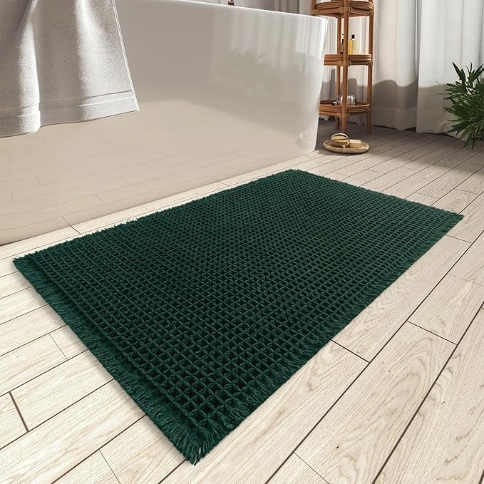 AMOAMI Upgraded Waffle Bath Mat, Super Absorbent Non Slip Bath Mats for Bathroom Floor, Machine Washable Bathroom Rugs with Tassels, Rubber Backed Bathroom Mats, Ultra Soft, 24" x 36", Dark Green