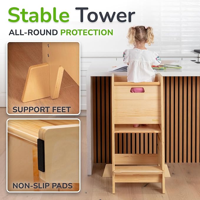 OCODILE Toddler Tower with a Sliding Door and 3 Adjustable Heights - Safe Toddler Kitchen Step Helper with Support Feet - Updated Design for 18+ Months to 6-Year-Old Kids - Varnished