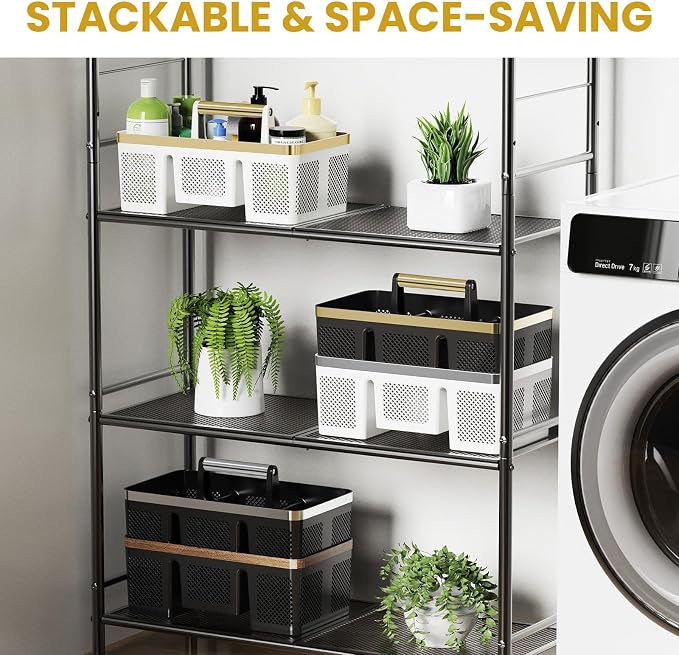 BYUNER Portable Cleaning Caddy & Shower Basket: Hard Plastic Caddy Organizer with Handle, 4 Divided Compartments, All-Side Drainage for Bathroom, Dorm & Utility, College Dorm Room Essentials