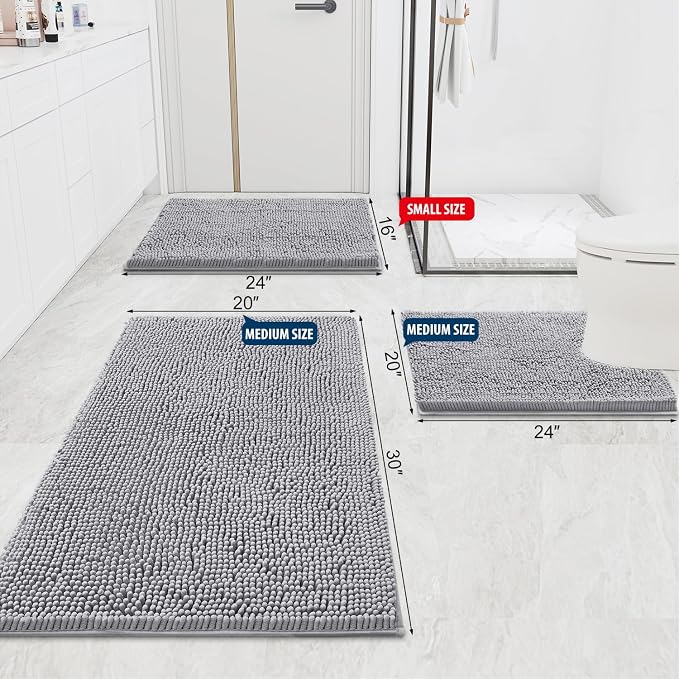 Smiry Luxury Chenille Bathroom Rugs 59x20, Extra Soft and Absorbent Shaggy Bath Mat, Machine Washable, Non-Slip Plush Carpet Runner for Tub, Shower, and Floor, Home Decor Accessories, Light Grey