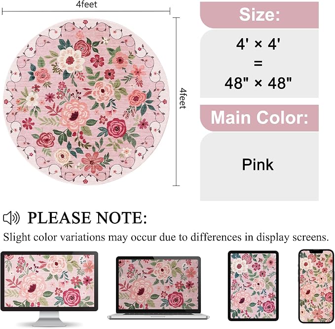 DUKINO Floral Round Rug, 4ft Washable Round Area Rug, Non Slip Indoor Low Pile Circle Rug, Soft Small Boho Design Circle Rug for Bedroom, Entryway, Living Room, Dining Room, Pink