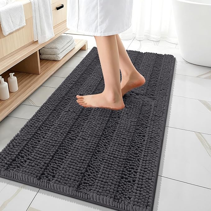OLANLY Thick Bathroom Runner Rugs 47x20, Extra Absorbent Chenille Striped Bath Rugs, Rubber Backing, Machine Wash Dry, Long Bath Mats for Bathroom, Tub and Shower, Home Decor Accessories, Dark Grey