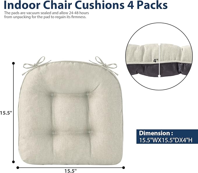 IASEAHK Chair Cushions for Dining Chairs, Seat Cushions for Kitchen Chairs, Indoor Seat Cushions with Ties, Tufted Foam Chair Pads, Non Slip Chair Cushions Set of 4, 15.5" x 15.5" x 4", Beige