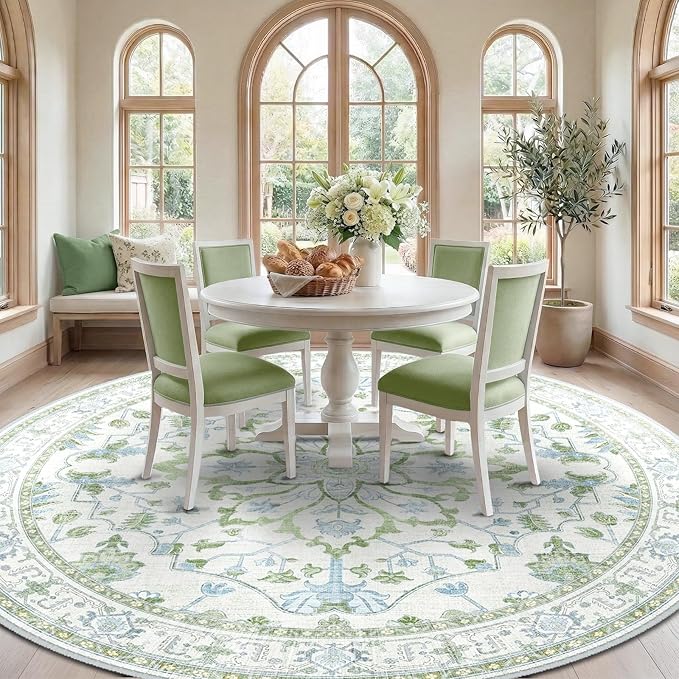 RELEANY Area Rugs Round 8ft Washable Non-Slip, Floral Vintage Distress Medallion Carpet for Living Room Bedroom Dining Room, Green White Blue