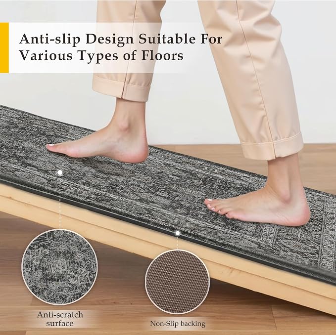 PureCozy Kitchen Mats 2PCS Anti Fatigue Cushioned Mat Black Vintage Kitchen Mats for Floor Waterproof Non Slip Comfort Standing Distressed Rug for Sink Laundry Office 17.3"x59"+17.3"x30"
