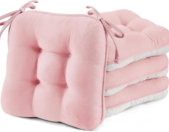 BETU Pink Chair Cushions for Dining Chairs Set of 4,3.5" Thick Kitchen Table Chair Pads with Ties,Non Slip Backing and Covers, Seat Cushion for Dining Room,Bar,Patio Chairs,15.5"X15.5"X3.5",Pink