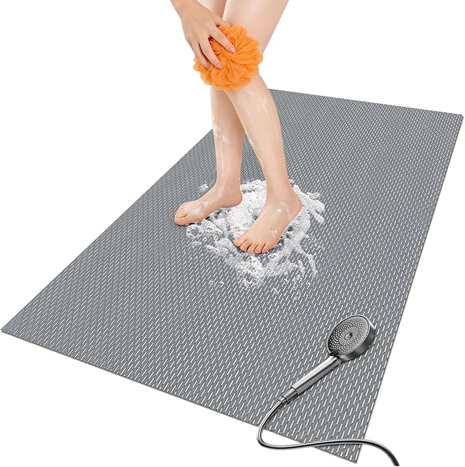 Bathroom Non Slip Shower Mat, Gray 58x32 Inch Bathtub Mat, Non Slip Bathroom Mat for Elderly and Kids, Easy to Dry, Fast-Dry Drainage Hole, Easy to Prune