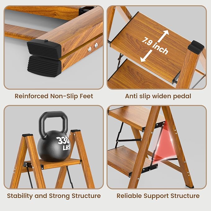HBTower Step Ladder,Lightweight Aluminum Folding Step Stool with Anti-Slip Wide Pedal,330lbs Capacity Step Ladder for Household,Kitchen,Office - Woodgrain