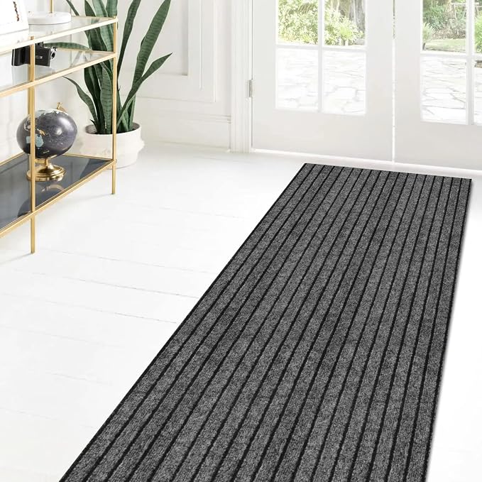 Custom Size Runner Rug 3 ft x 4 ft, 2-82ft Carpet Runners Hallway Entryway Kitchen Garage Laundry Room Area Rugs with Non-Slip Rubber Backing, Gray with Black Stripe