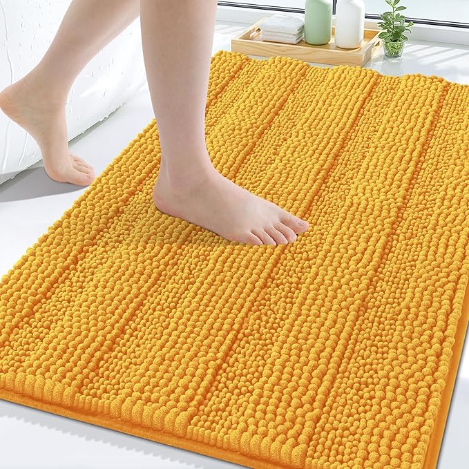 Grandaily Chenille Striped Bathroom Rugs 30x20, Extra Thick and Soft Absorbent Bath Mats, Rubber Backing, Plush Shaggy Shower Carpet, Machine Wash Dry, Bath Rug for Bathroom, Golden Yellow